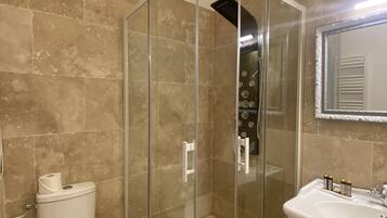 A bathroom with a glass-enclosed shower, a toilet, a sink, and a mirror.
