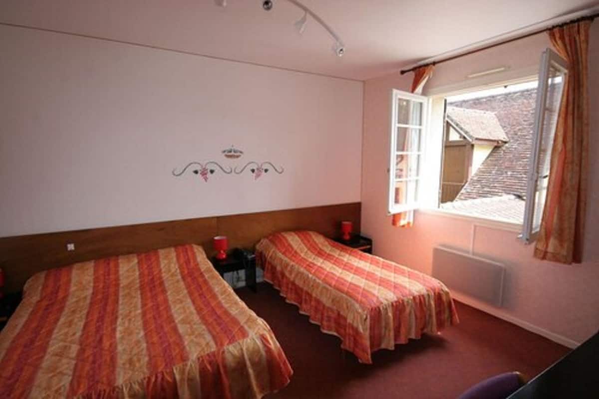 Une chambre avec deux lits simples, une fenêtre avec des rideaux, un radiateur et un élément décoratif mural.