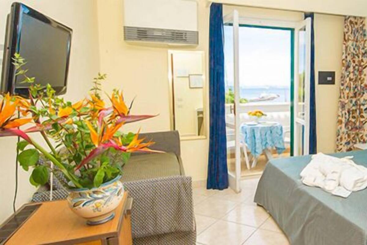 Habitación de hotel con cama, escritorio, silla, televisor y vista al mar.
