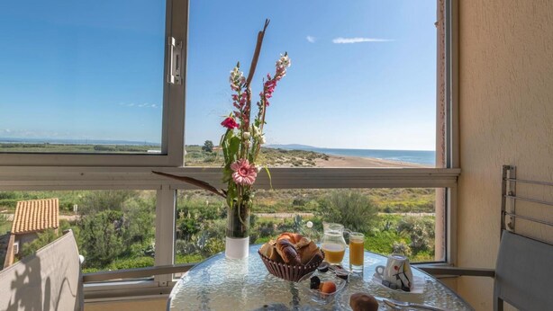 Ein Tisch mit Frühstücksangeboten und einer Blumenvase, mit Blick auf Strand und Grünfläche.