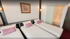 Une chambre d’hôtel avec deux lits simples, un espace douche et un tableau encadré au mur.