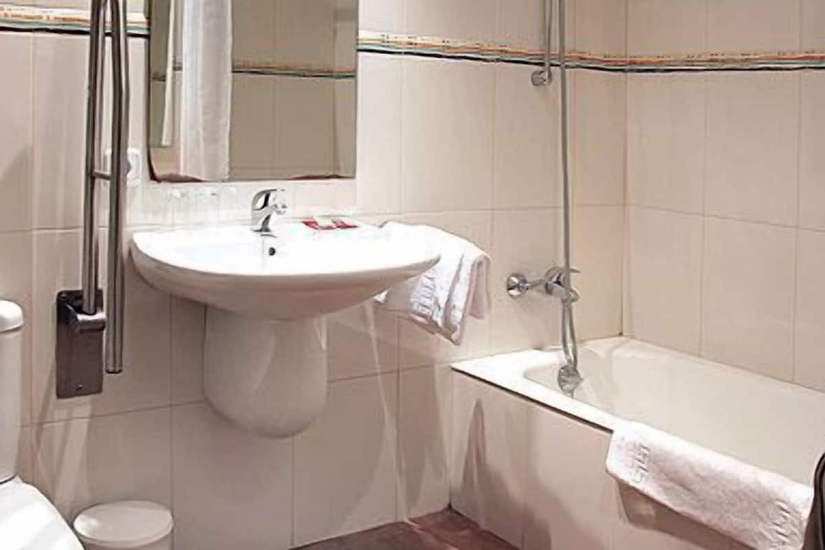 hair dryer, towels, shampoo, toilet paper