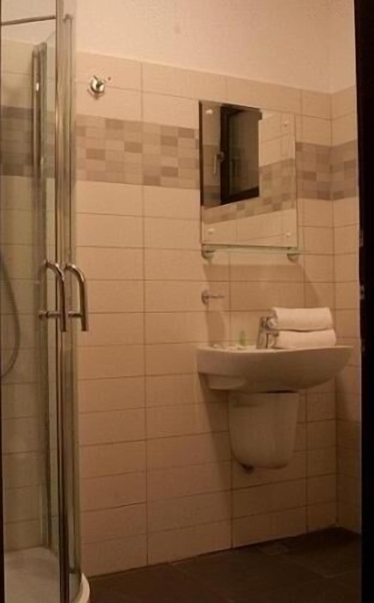 A bathroom with a glass shower enclosure, a sink with a mirror above it, and a toilet.