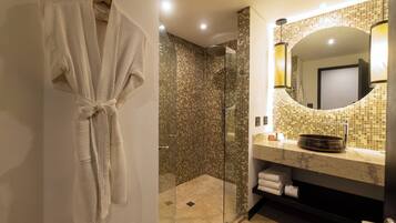 Rainfall showerhead, hair dryer, slippers, towels