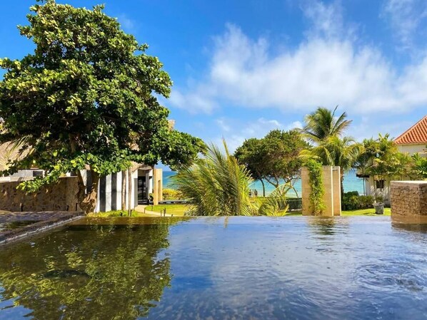 A clear pool with a view of the sea, surrounded by palm trees and a stone wall.