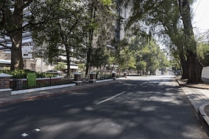 A tree-lined street with a sidewalk and a building in the background.