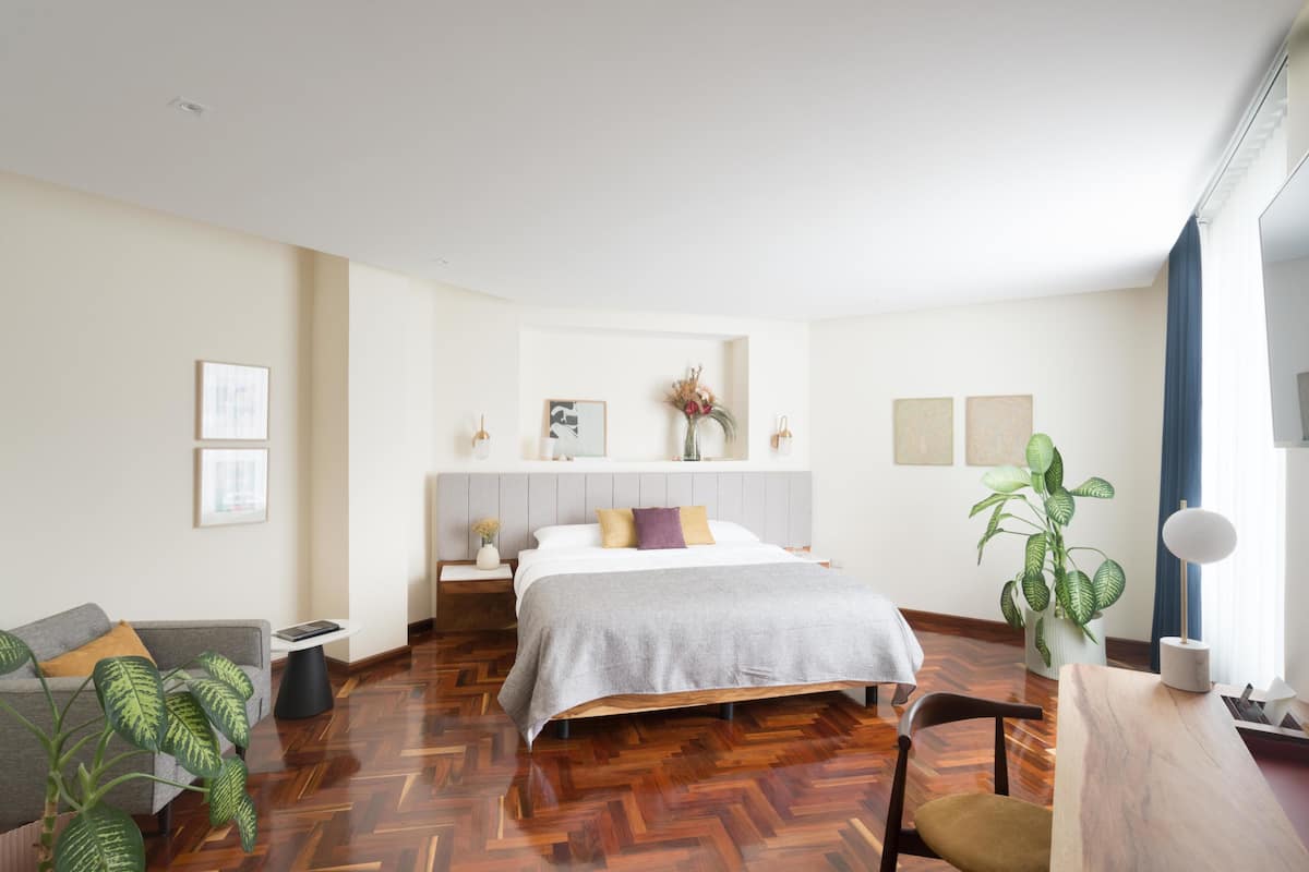 A modern bedroom with a large bed, a sofa, a desk, and a potted plant.