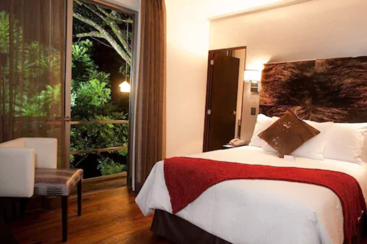 A hotel room with a large bed, a chair, a door, and a view of greenery through a glass door.