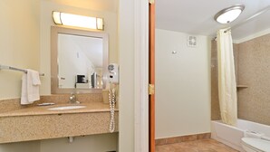 Ein Badezimmer mit Waschbecken, Spiegel, Handtuchhalter, Dusche und Toilette.