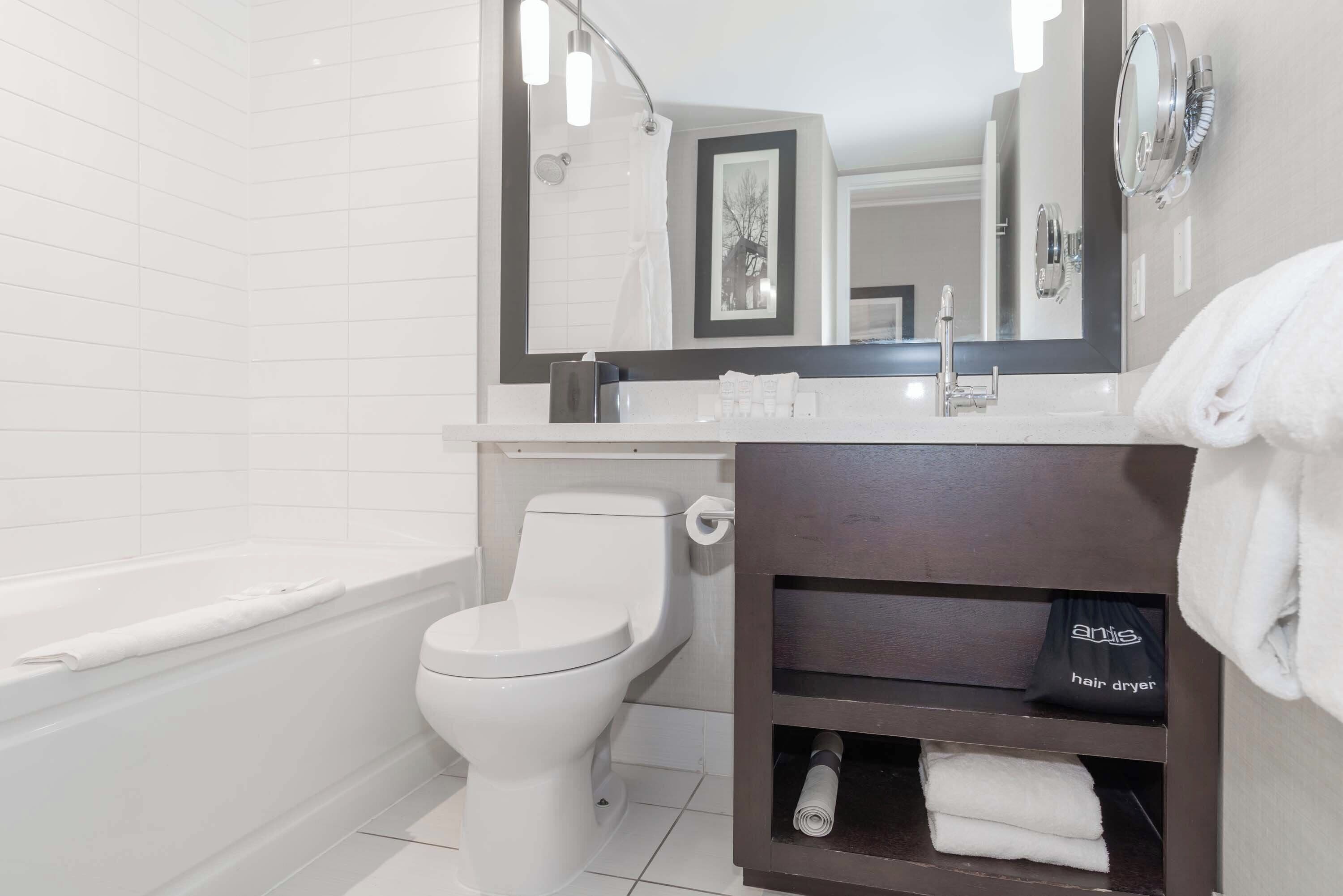 combined shower/bathtub, designer toiletries, hair dryer, towels