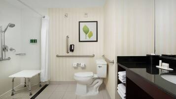 A modern bathroom with a shower, toilet, and sink.