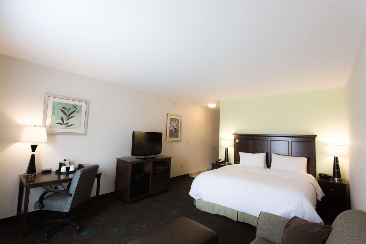 Quarto de hotel com cama, escrivaninha, cadeira, televisão e duas luminárias.