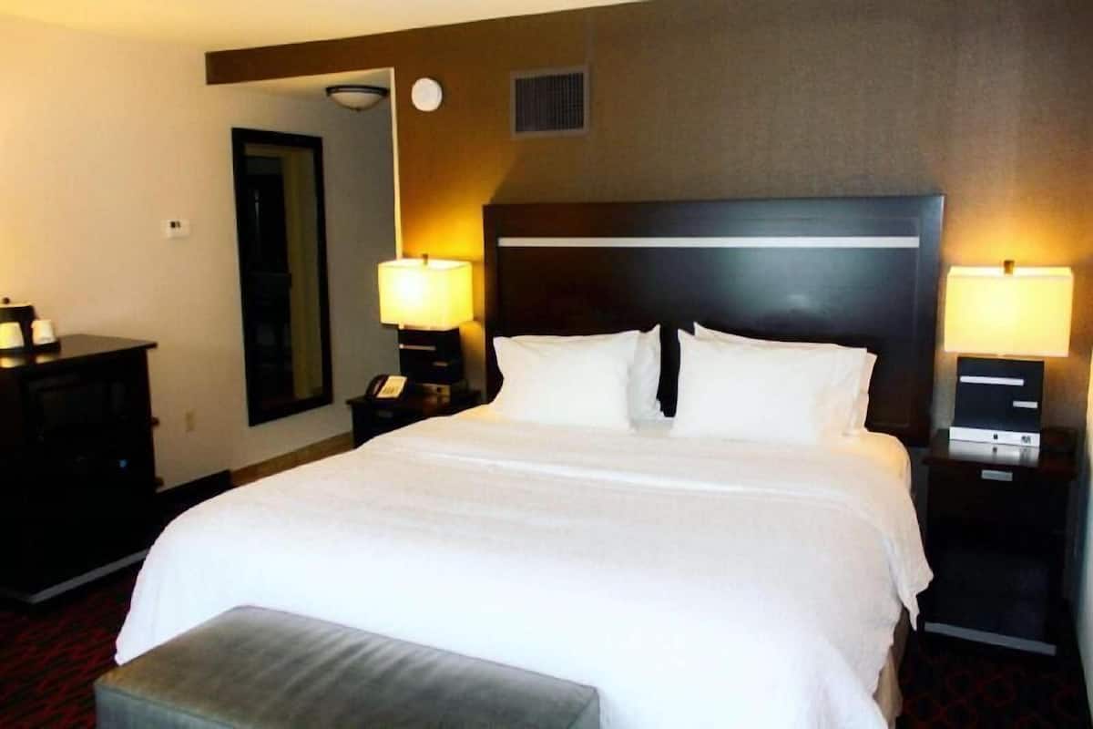 Hypo-allergenic bedding, desk, laptop workspace, blackout drapes