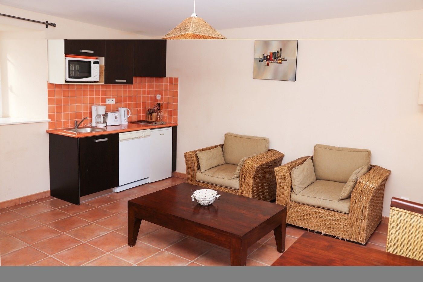 A compact kitchen with a microwave, coffee maker, and a small dishwasher. There are two wicker chairs and a wooden coffee table.