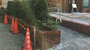A hotel entrance with a blue awning and a sign that reads "Smile Hotel." There are orange traffic cones lined up in front of the entrance, and a brick planter with greenery beside the walkway. - Smile Hotel Sugamo (Tokyo)