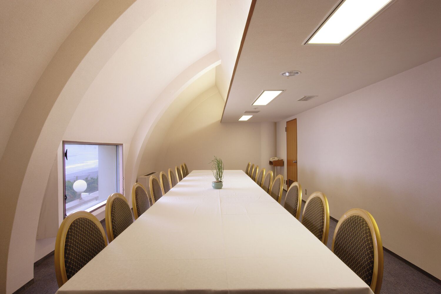 A conference room with a long table, chairs, and a potted plant.
