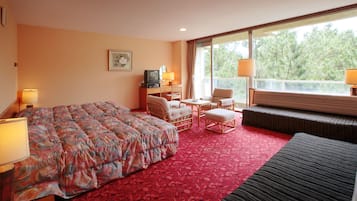 Een hotelkamer met een bed, een bureau met een televisie, een stoel, een bank en een groot raam met uitzicht op bomen.