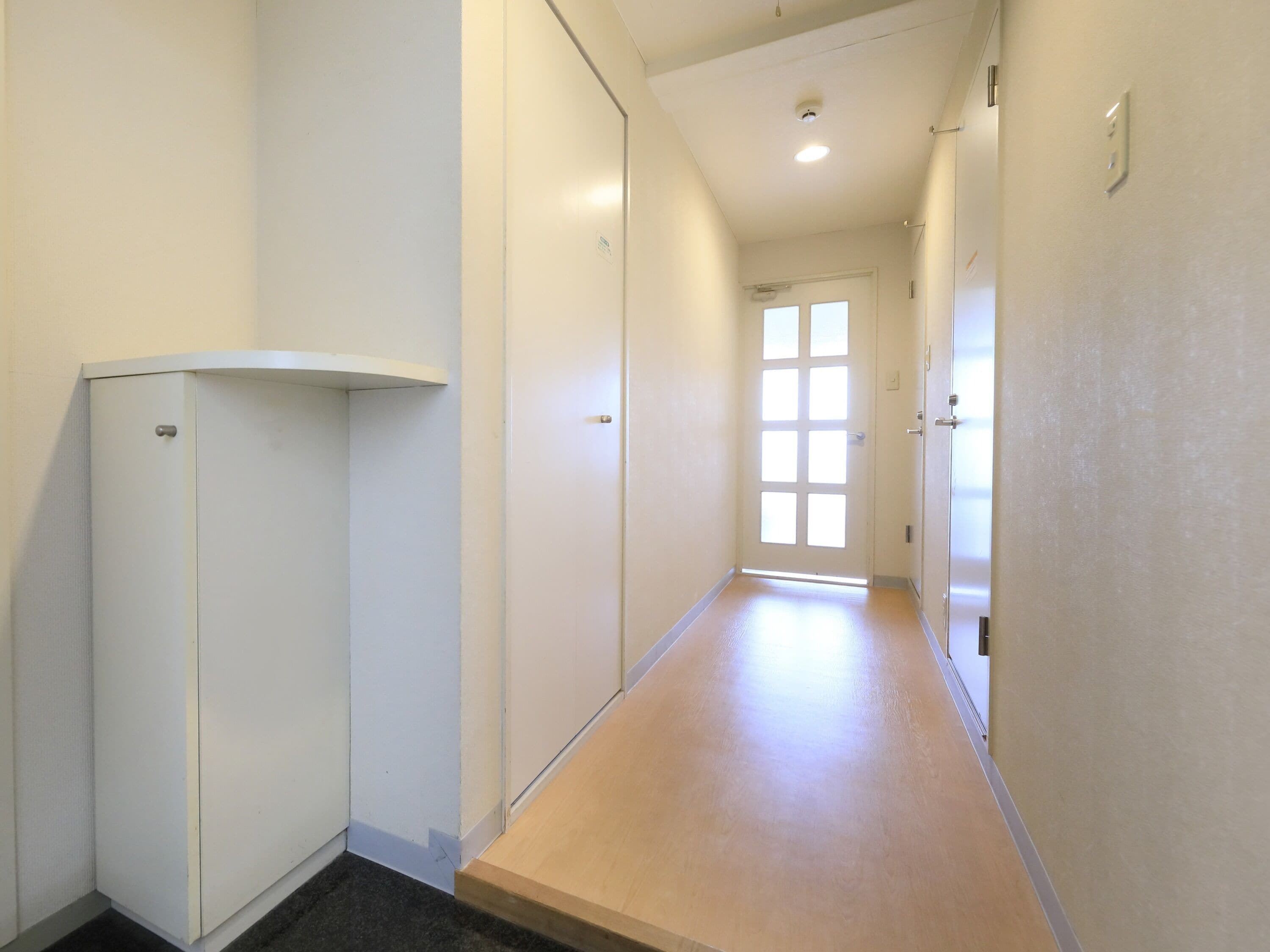 Un pasillo estrecho con una puerta al final, una pared blanca y un suelo de madera.
