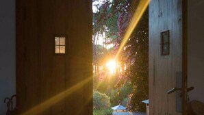 Una porta di legno con una piccola finestra, che dà su un giardino con un vialetto e una panchina.