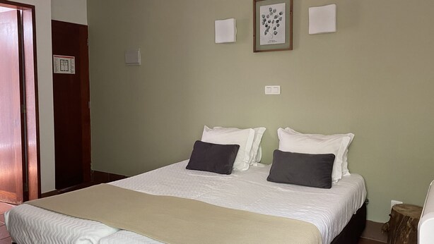 A neatly made bed with white and dark pillows, a beige blanket, and a framed botanical print on the wall.
