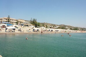 Ein Strand mit Liegestühlen, Sonnenschirmen und ein paar badenden Personen.