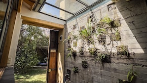 Un intérieur moderne agrémenté d’une lucarne, d’une porte en bois et d’un mur décoré de plantes.