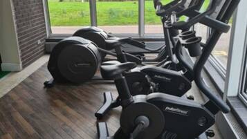 A gym with exercise equipment, a brick wall, and large windows overlooking a green landscape.