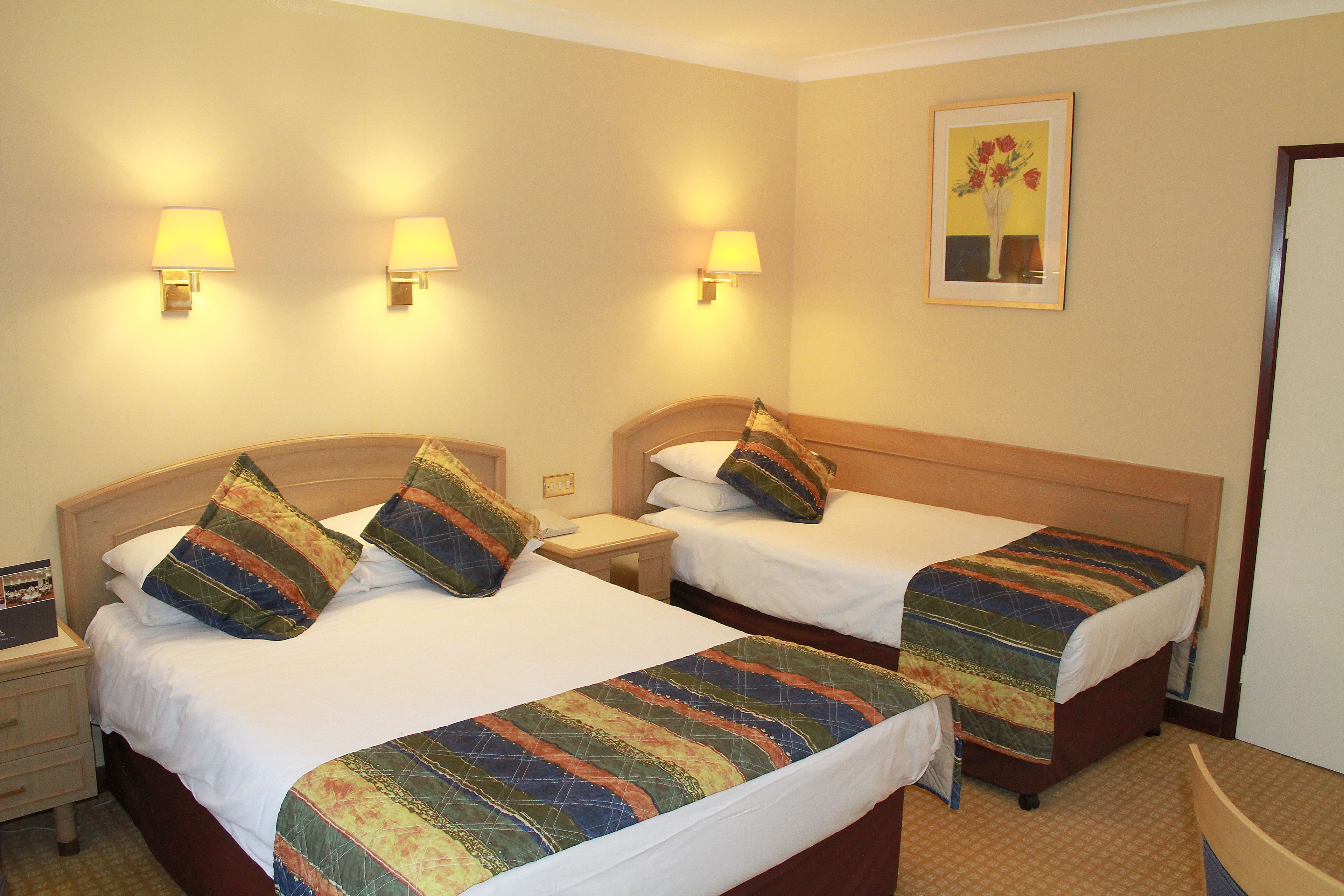 A hotel room with two beds, each with a patterned bedspread and pillows, a nightstand with a lamp, and a framed picture on the wall.