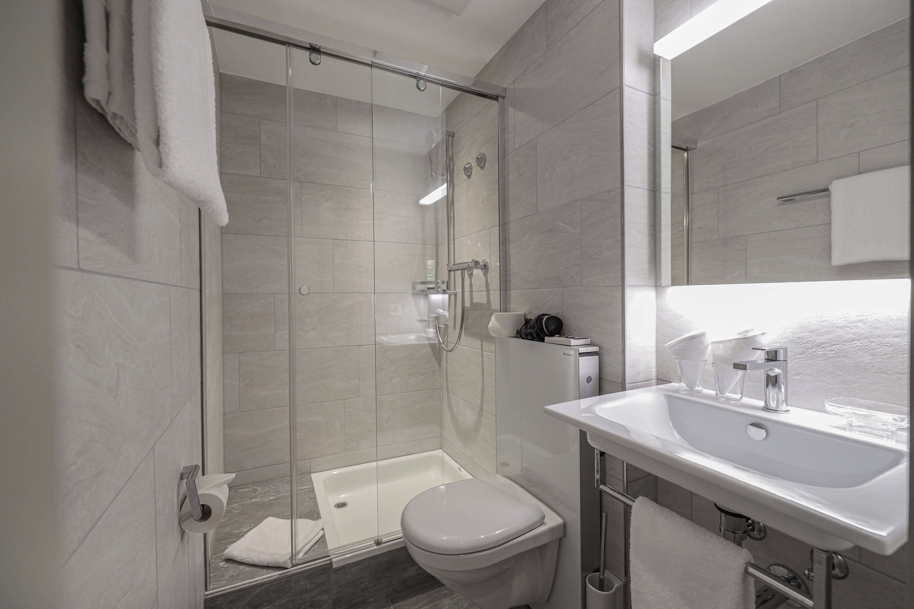A modern bathroom with a glass-enclosed shower, a white toilet, and a sink with a mirror above it.