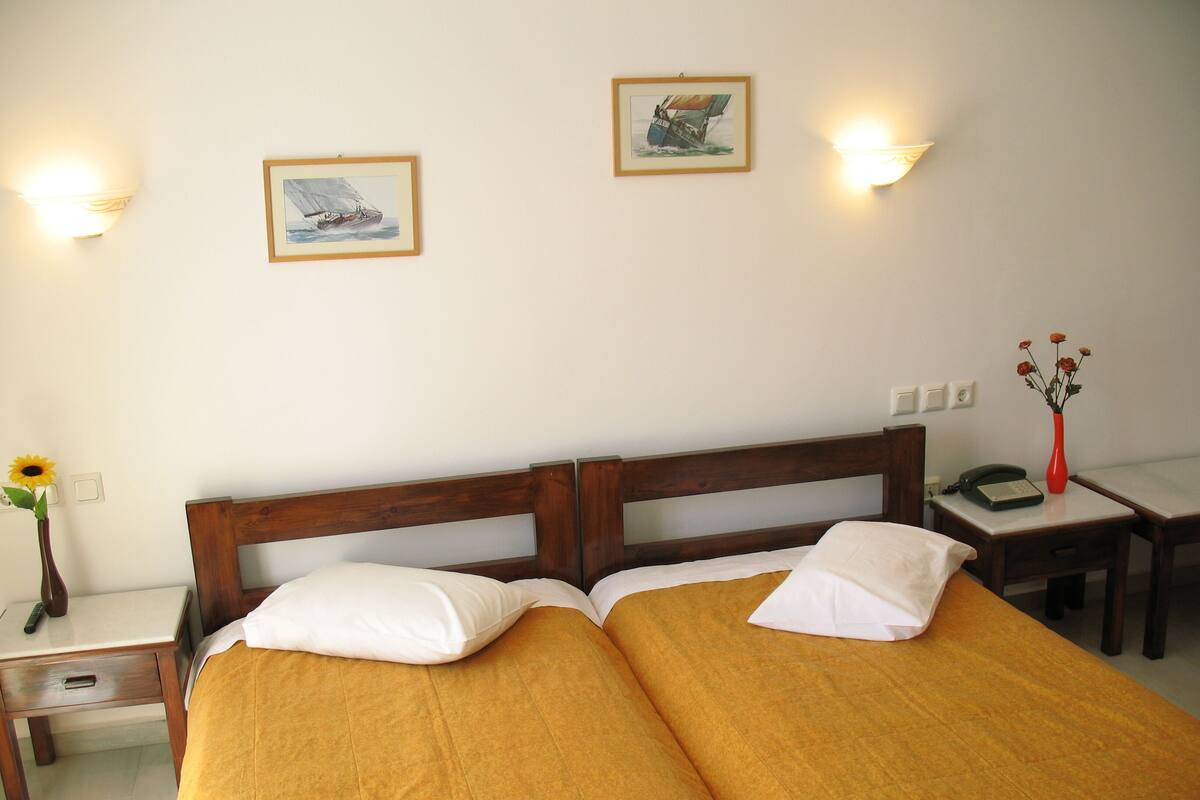 A double bed with two pillows, a bedside table with a phone and a vase of flowers, and two framed pictures on the wall.
