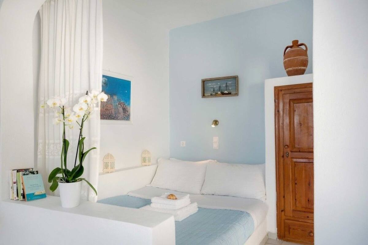 A bedroom with a bed, a potted plant, a window with curtains, a wooden door, and a wall-mounted picture.