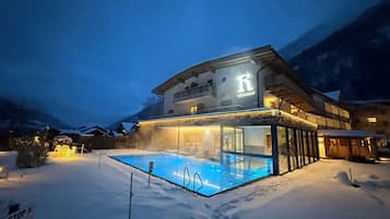 Indoor pool, outdoor pool, open 10:00 AM to 10 PM, pool umbrellas