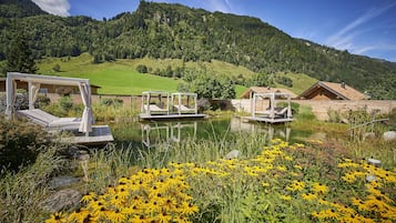Piscine couverte, piscine extérieure, parasols de plage, chaises longues