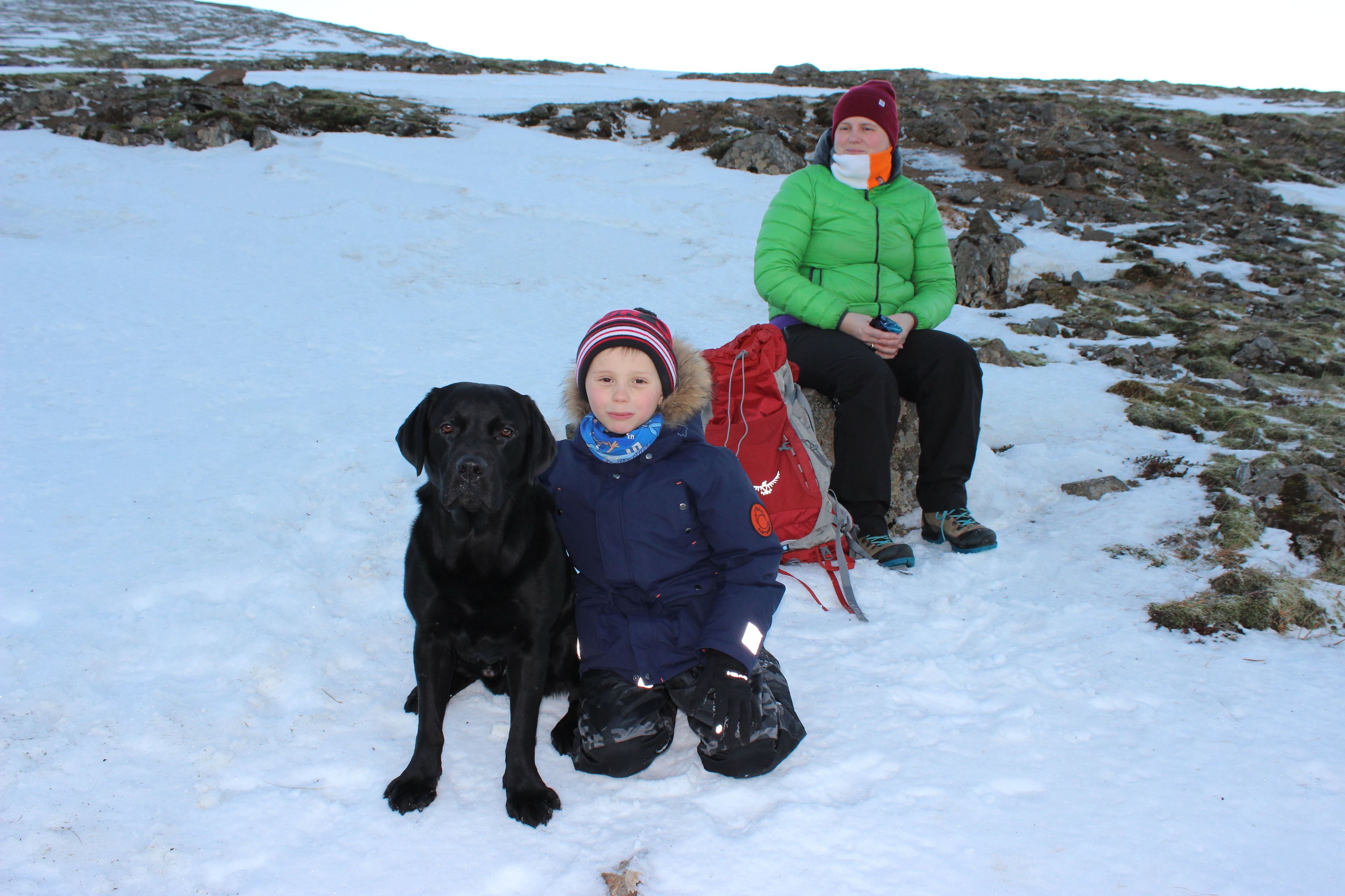 Een besneeuwd landschap met een persoon en een hond die op een rots zitten.