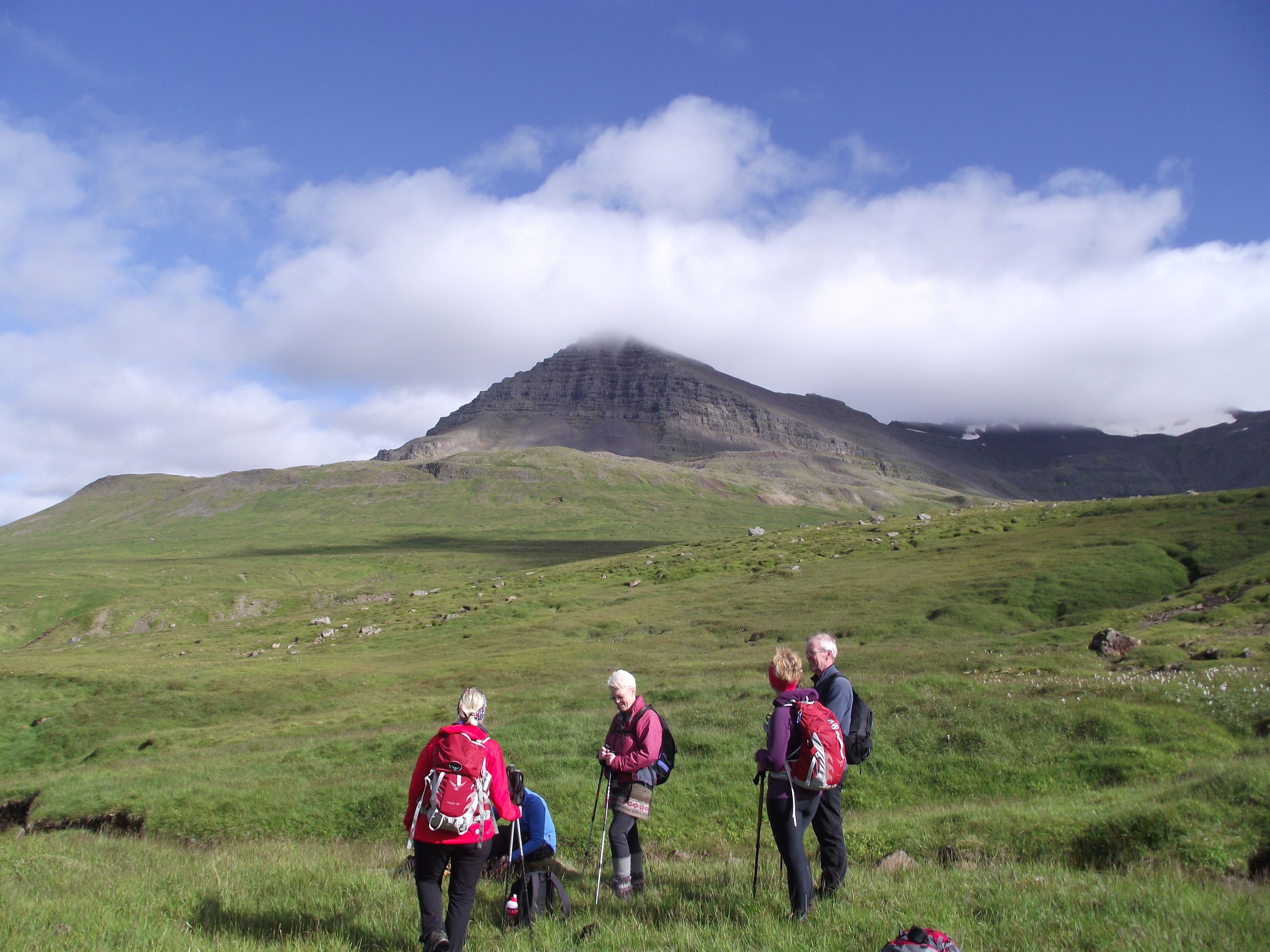 A group of hikers in a grassy field with a mountain in the background.