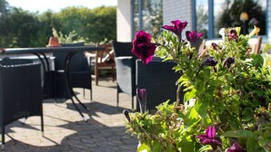 Un espacio de patio al aire libre con una maceta de flores moradas.