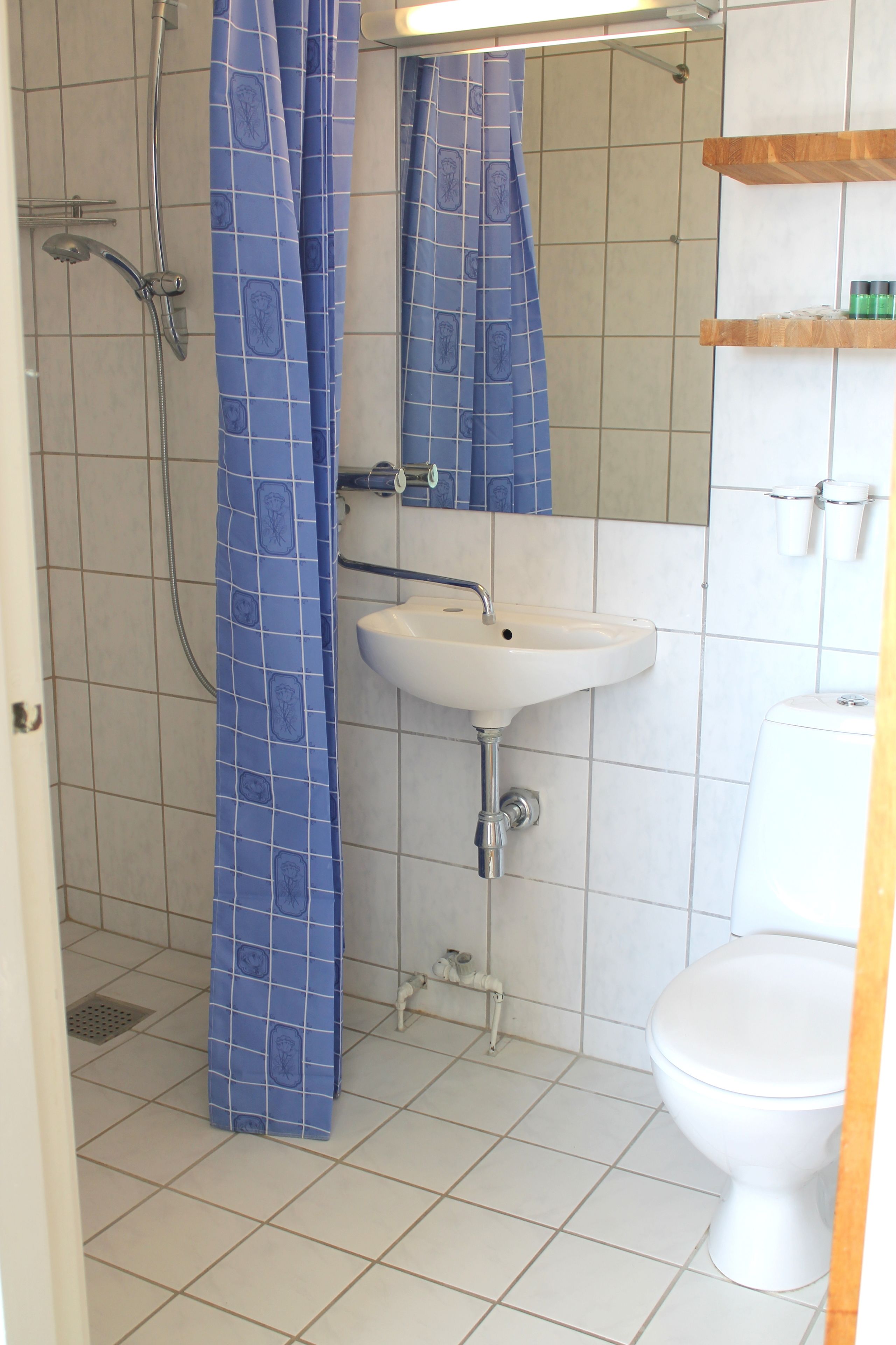 A bathroom with a shower, a sink, and a toilet.