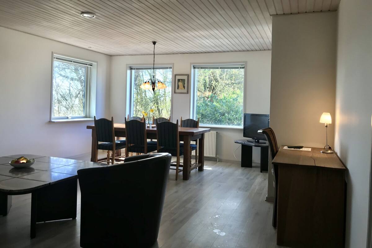 A dining area with a table and chairs, a television, and a lamp.