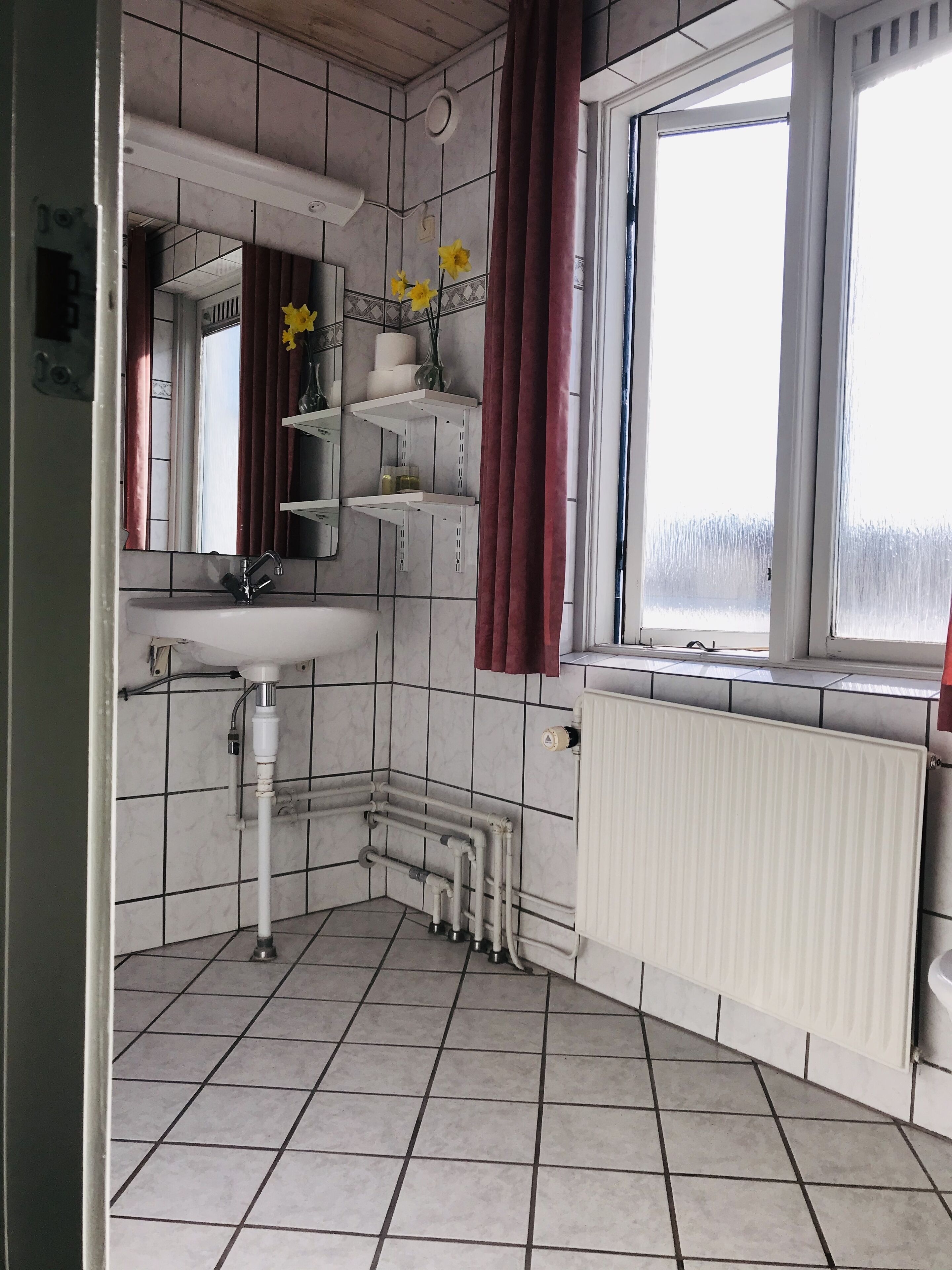 A bathroom with a white sink, mirror, and radiator. There are shelves with toiletries and a window with curtains.