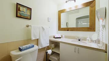 A bathroom with a toilet, sink, mirror, towel rack, and a framed picture on the wall.