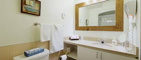 A bathroom with a toilet, sink, mirror, towel rack, and a framed picture on the wall.