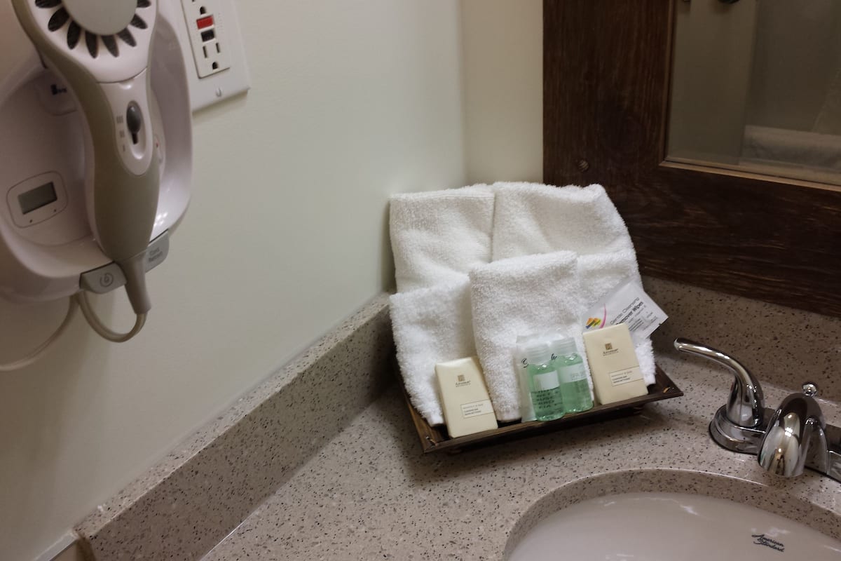 free toiletries, hair dryer, towels, soap