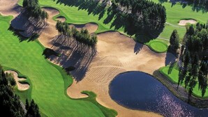 Luchtbeeld van een golfbaan met zandbunkers, waterhindernissen en bomen.