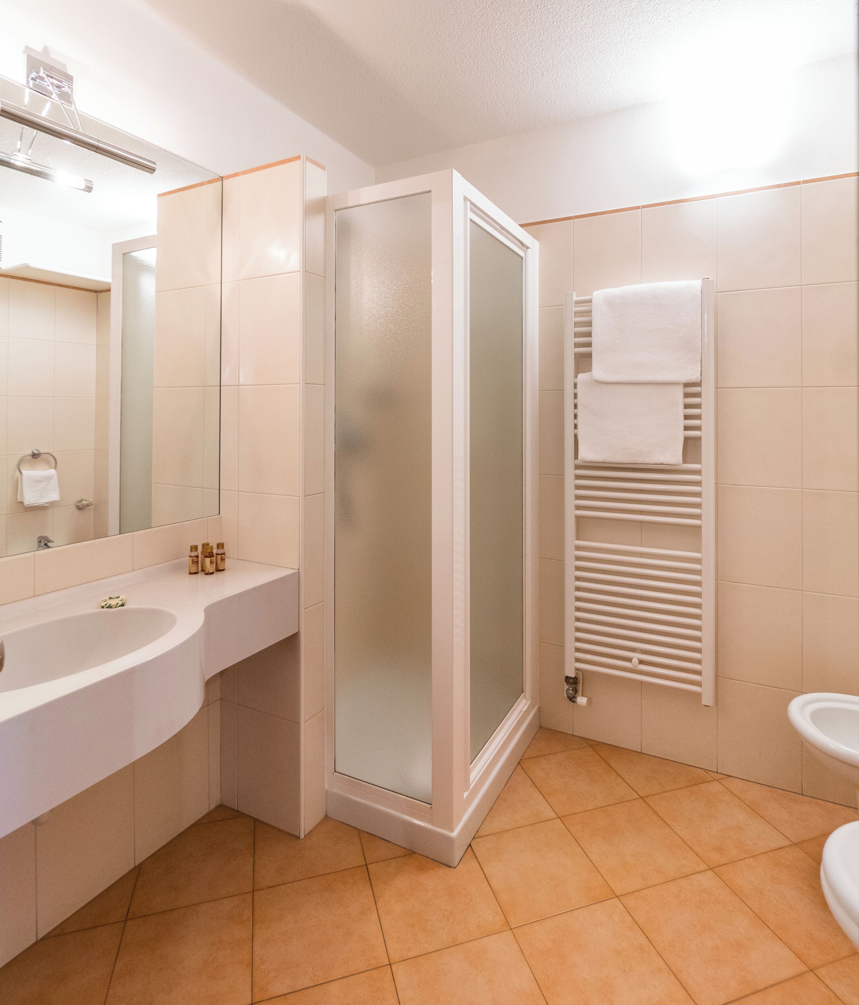 A bathroom with a white sink, a mirror, a glass-enclosed shower, and a towel rack.