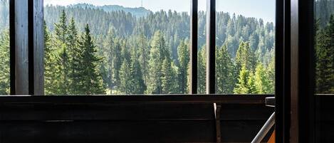 A wooden deck with a hammock chair overlooking a forested mountain landscape.