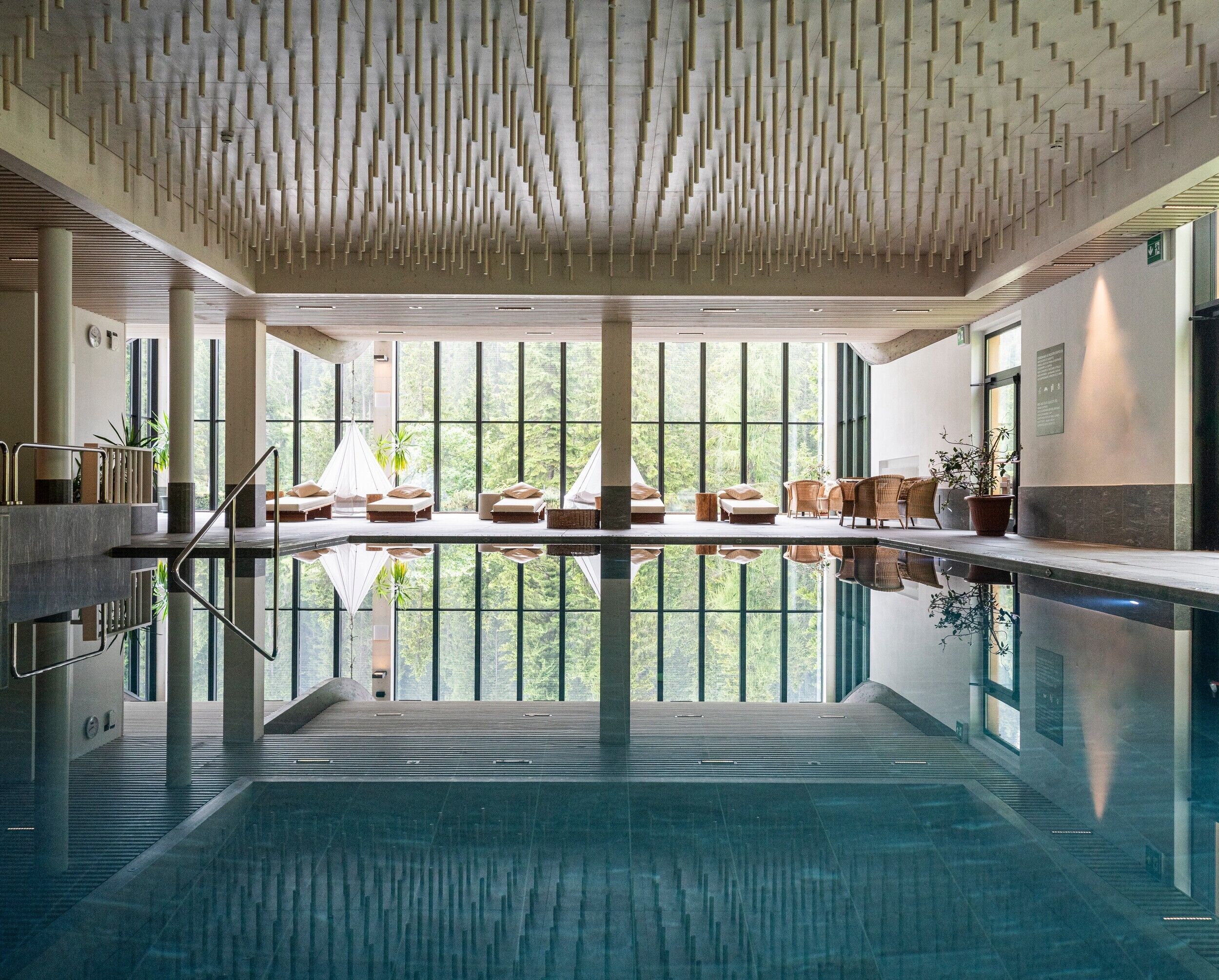 indoor pool, pool loungers