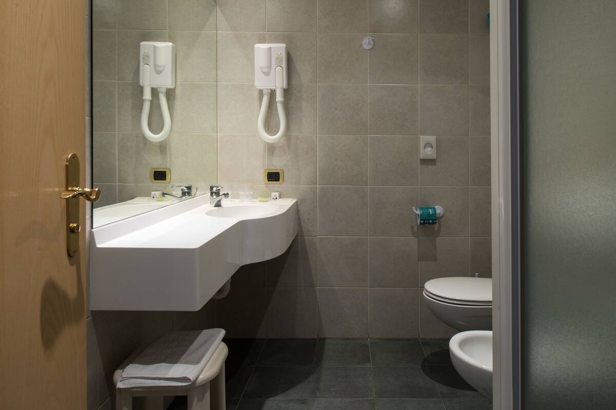 shower, hair dryer, bidet, towels