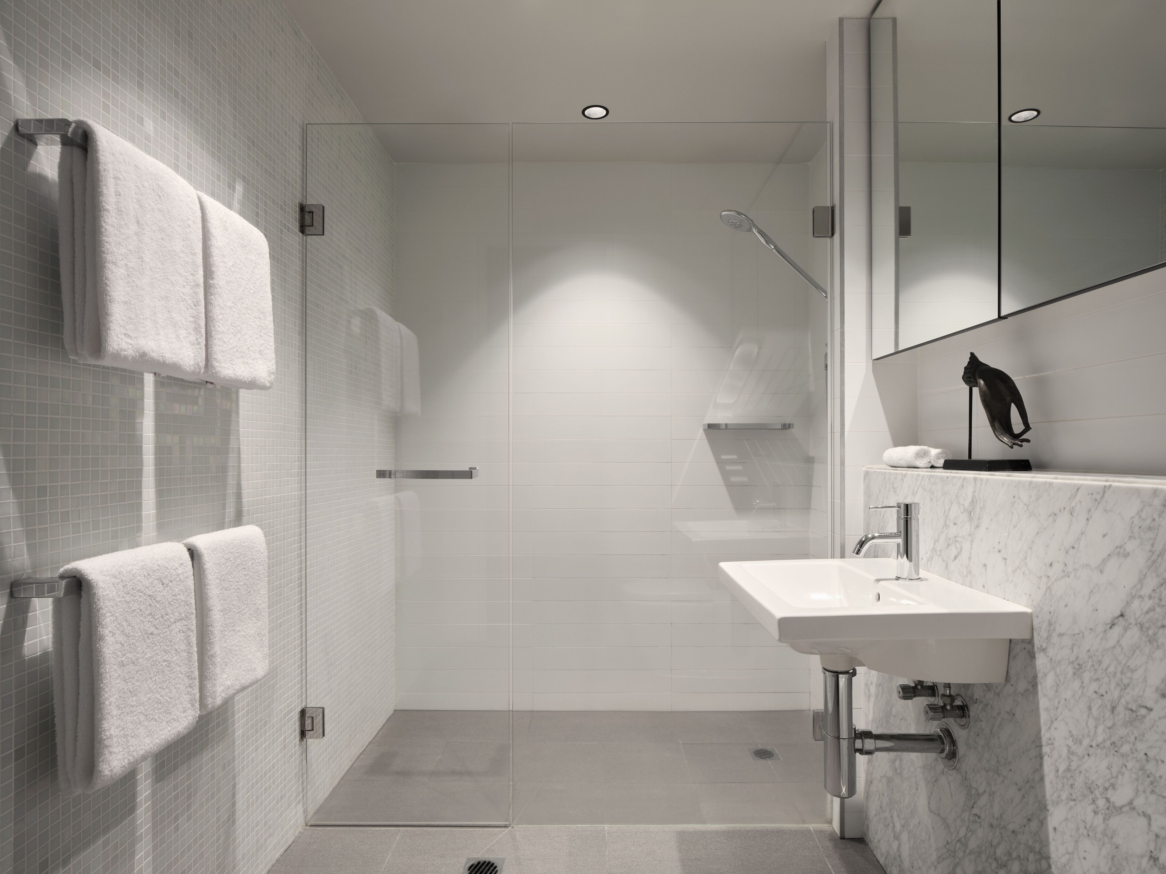 shower, designer toiletries, hair dryer, bathrobes