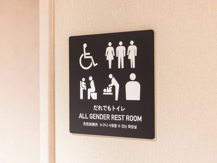 Segnaletica che indica un bagno accessibile a tutti i generi, con simboli per l'accessibilità in sedia a rotelle e un'area fasciatoio.