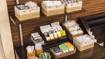 A display of toiletries and amenities in a hotel setting.
